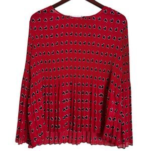 Rose & Olive Heart Print Bell Sleeve Pleated Blouse Size Small Red Black